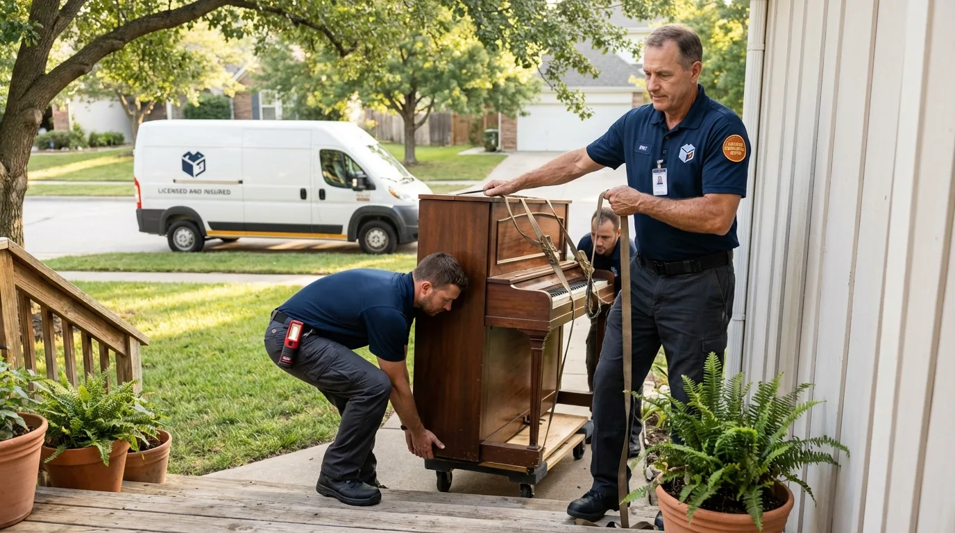 Licensed piano movers securing grand piano in Wilsonville, AL