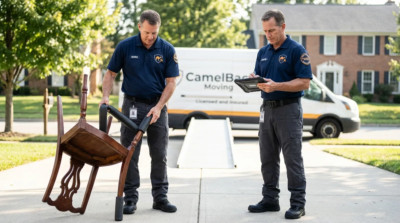 Movers inspecting furniture for damage prevention before loading in Wilsonville, AL