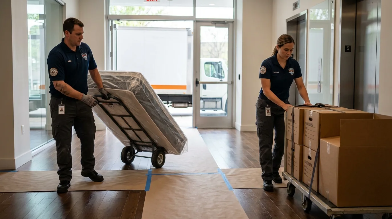 Professional apartment movers loading elevator in Wilsonville, AL